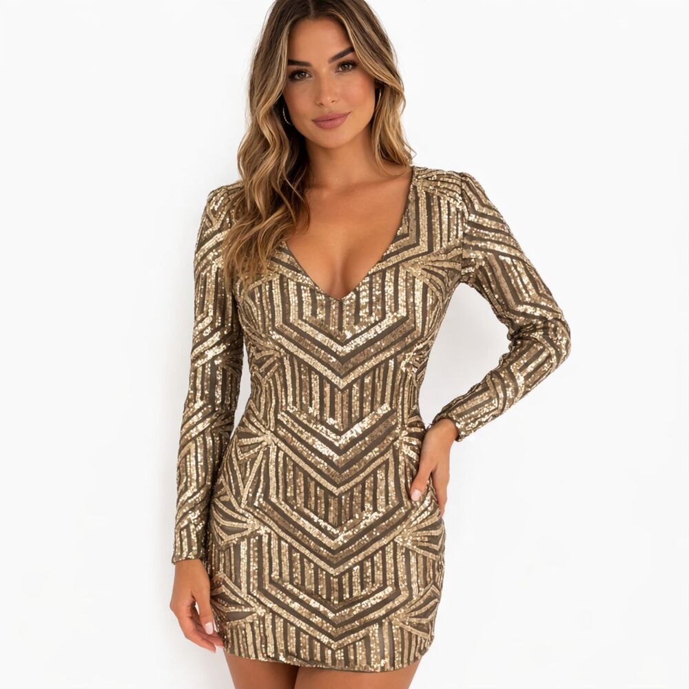 Aqua Dresses All-over Sequin Mini Long Sleeve Dress Gold 2